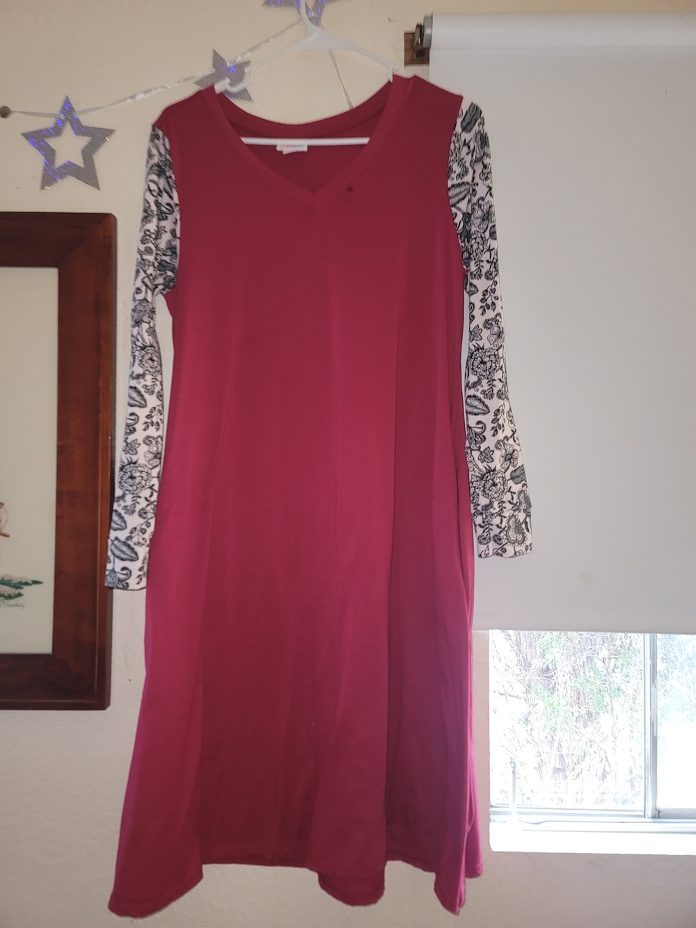 Lularoe Long-Sleeve V-Neck Dress in Magenta with Patterned Sleeves